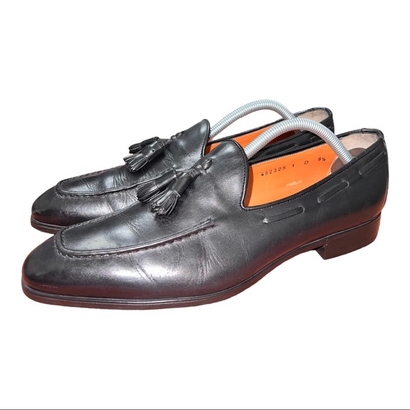 Santoni Italian Handcrafted Black Leather Tassel Almond Toe Loafer Shoes 8.5 D